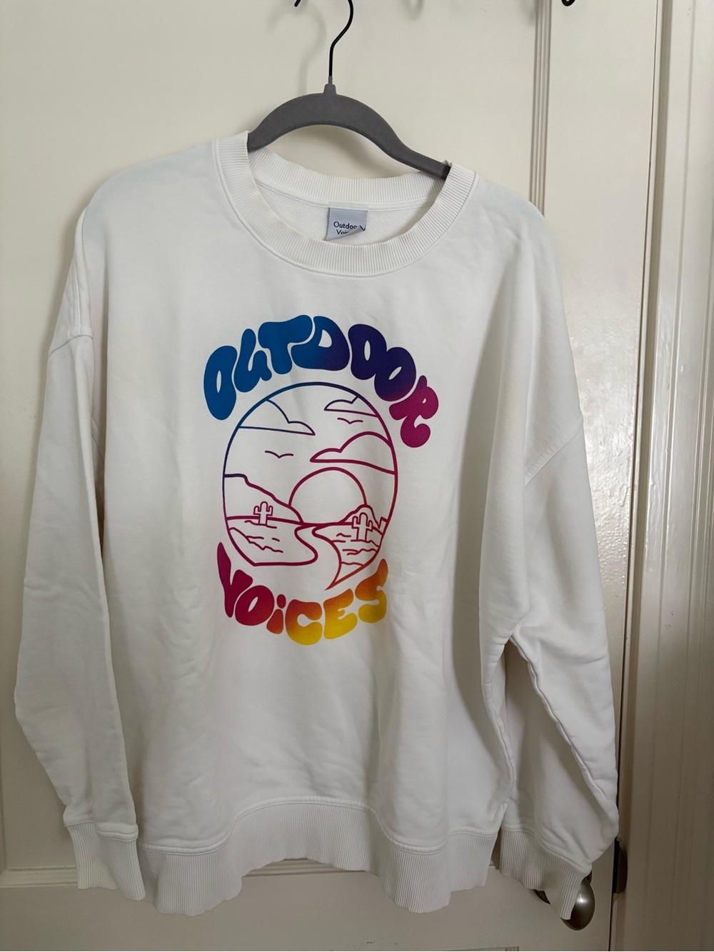 Outdoor Voices White Sweatshirt with Blue and Purple Gradient Graphic